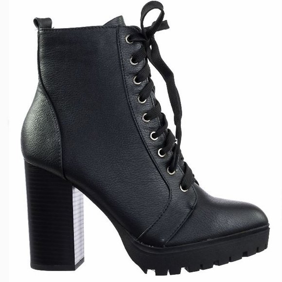 Bamboo Chunky Heeled Combat Lace-Up Ankle Boots